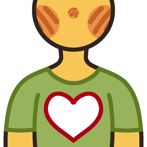 A yellow person with a green shirt on. In the middle of their chest is a transparent heart with a red outline.